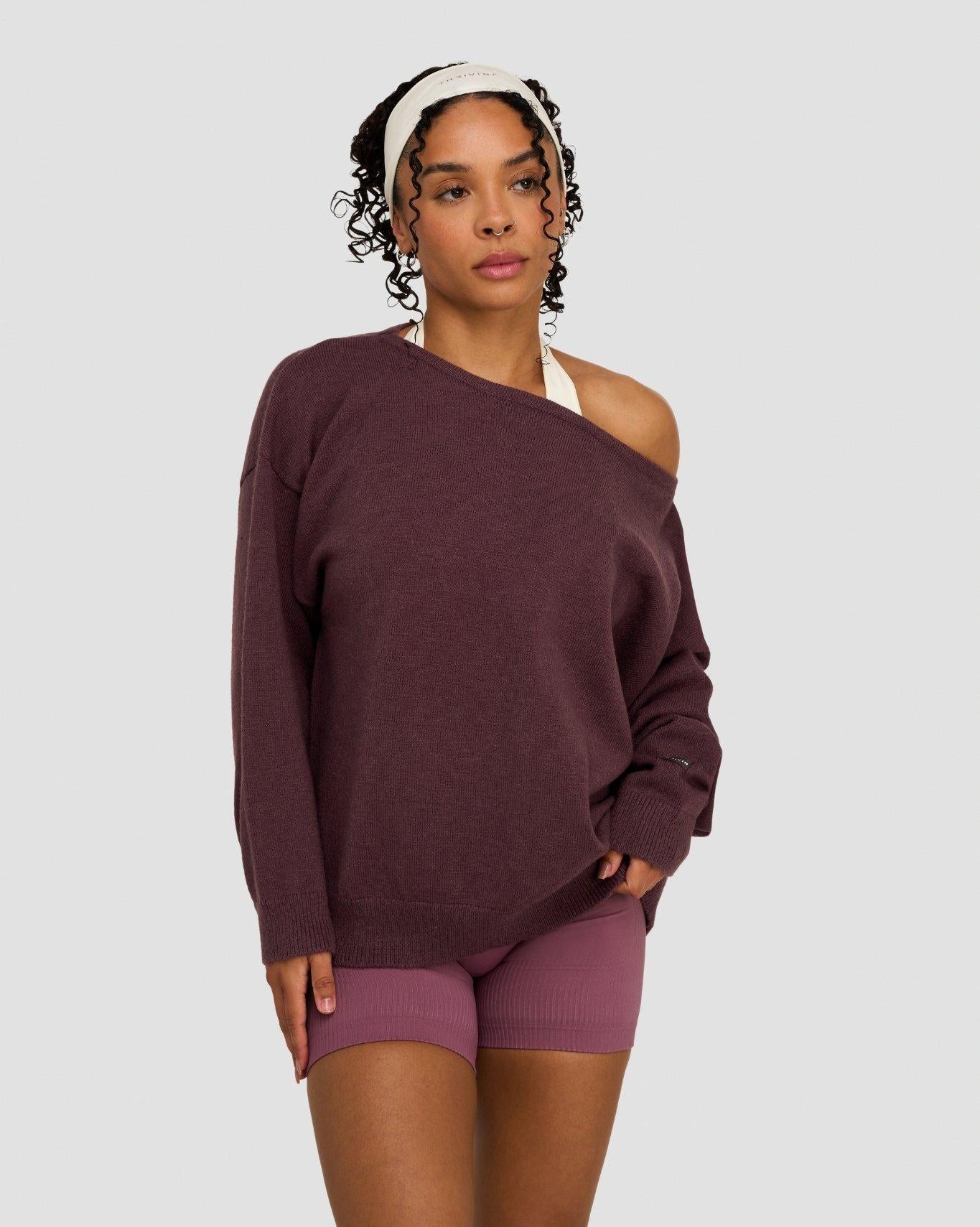 The Essential Collection Off The Shoulder Wool Blend Sweater | Dark Mauve - Image 3