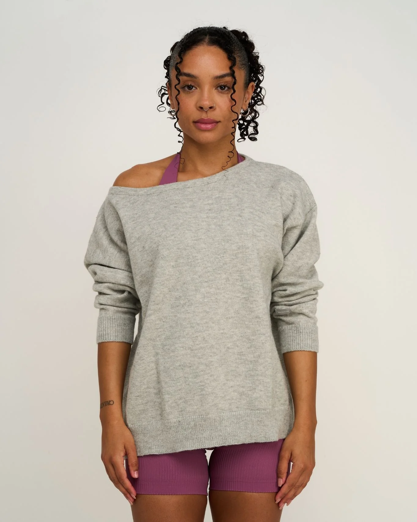 The Essential Collection Off The Shoulder Wool Blend Sweater | Grey Melange - Image 3